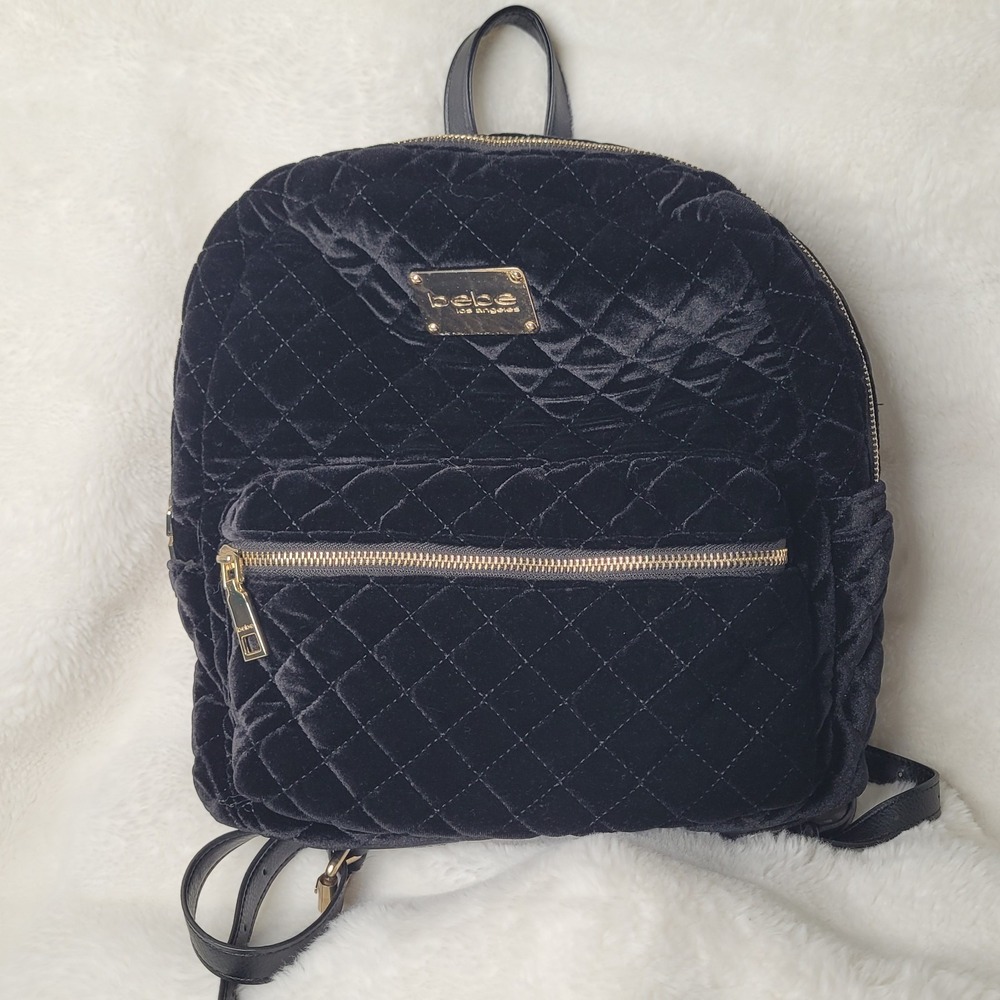 Bebe Backpack Purse Black Quilted Velvet Gold Tone Hardware